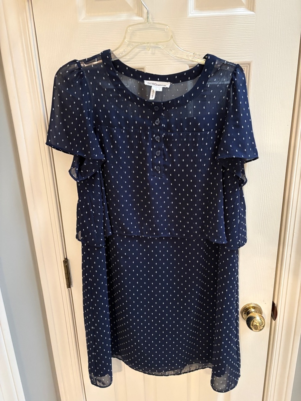 BCBG Polka Dot Navy Layered Flutter-Sleeve Dress